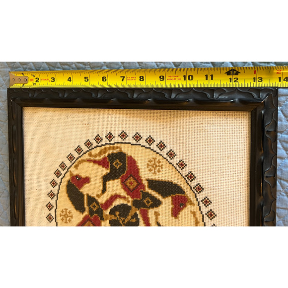 Vintage Swedish Cross-Stitch Wall Hanging Horses Handmade Framed 13"x14" - Picture 5 of 7